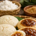 Steaming, textured Kurakkan Puttu cylinder served on a banana leaf alongside traditional curry and plantains