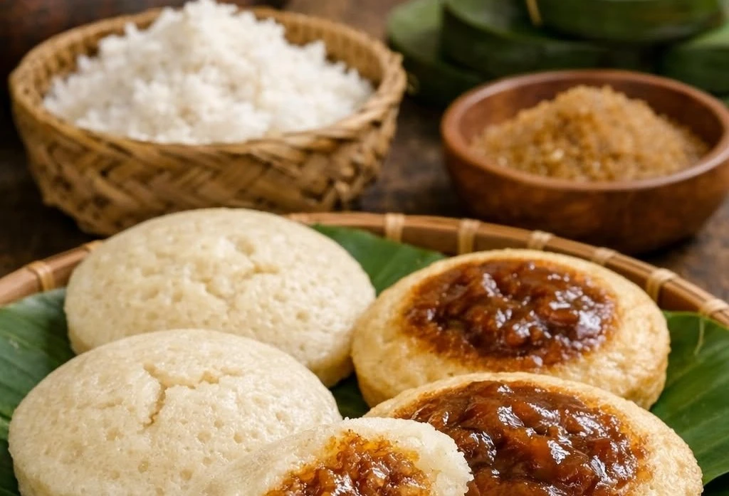 Steaming, textured Kurakkan Puttu cylinder served on a banana leaf alongside traditional curry and plantains